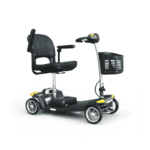 eFOLDi Cliq scooter eFOLDi Cliq scooter – detachable four-wheel travel scooter in black with yellow details, swivel seat, armrests and front basket
