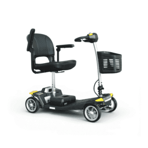 eFOLDi Cliq scooter – detachable four-wheel travel scooter in black with yellow details, swivel seat, armrests and front basket