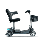 Side view Side view of the four-wheel travel model in turquoise with swivel seat, armrests, footplate and front basket