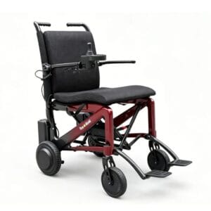 RBP Topmedi Compact electric wheelchair – ultralight powerchair with dark red carbon fibre frame and joystick on the armrest