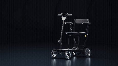 360-degree view of the folded and unfolded scooter Four-wheel travel scooter shown from all angles in a 360-degree rotation