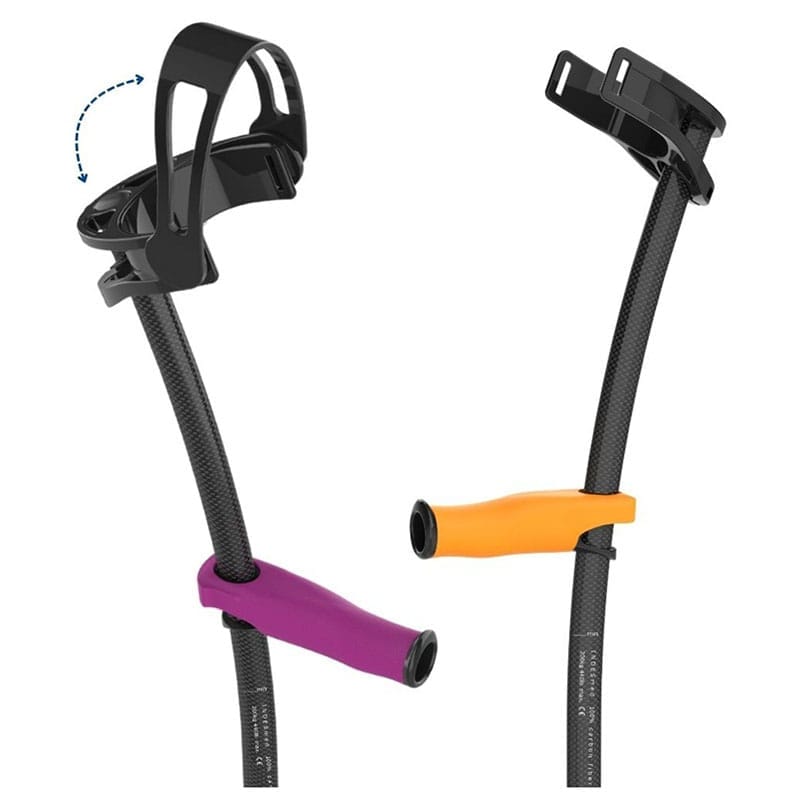 Two carbon crutches side by side, one with a closable cuff and one fully open