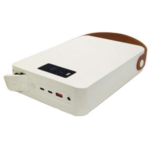 iRun Power M-300 CPAP backup battery – port side with LCD display, USB and DC outputs