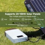 iRun Power M-300 solar charging The battery pack charging outdoors from a folding solar panel on grass