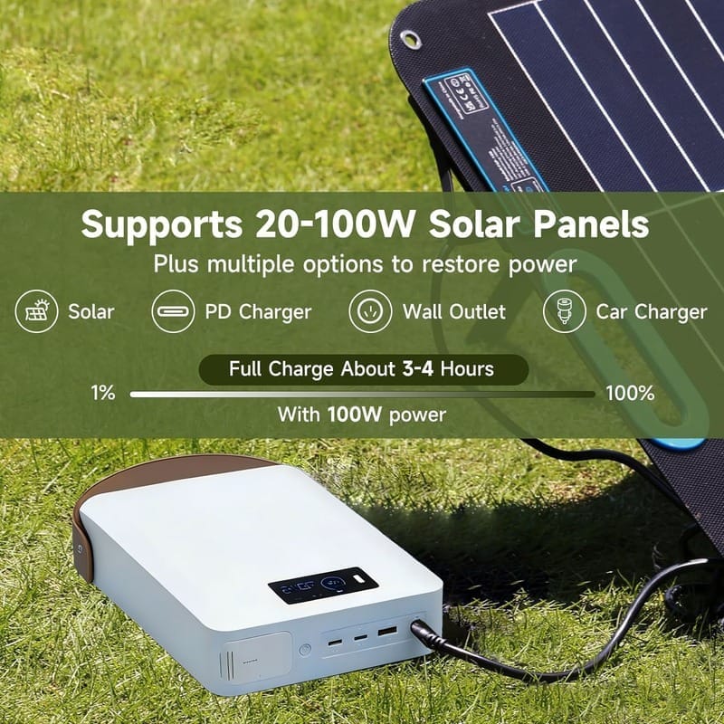 The battery pack charging outdoors from a folding solar panel on grass