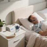 iRun Power M-300 on a bedside table Man asleep with a nasal mask while the machine runs from the iRun Power backup battery