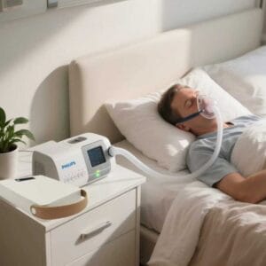 Man sleeping with a nasal mask, with the machine on the bedside table connected to the iRun Power M-300