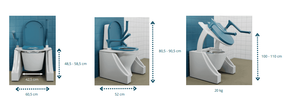 Diana Toilet Lift measurements Diana Toilet Lift dimensions: outer width 60.5 cm, inner width 42.5 cm, depth 52 cm, seat height 48.5-58.5 cm and lift height up to 100-110 cm