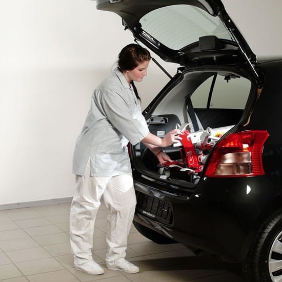 Folded patient lift shown in its compact transport size