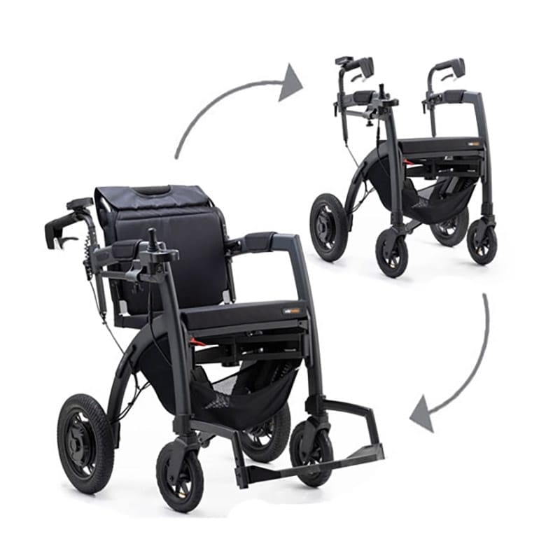 Rollz Motion Electric — rollator and wheelchair modes Rollz Motion Electric shown as a rollator and as a powered wheelchair