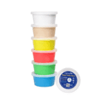 Mediroyal Royal Putty Nova in six colours stacked in jars with a lid showing 85 grams