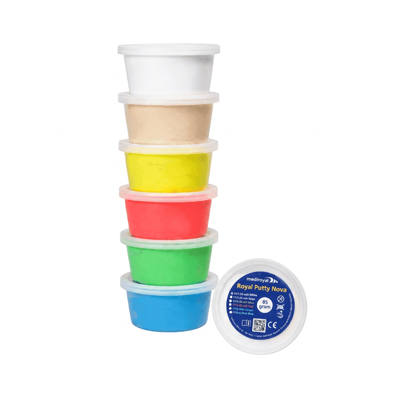 Mediroyal Royal Putty Nova in six colours stacked in jars with a lid showing 85 grams
