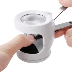 Hand trimming a nail with the finger in the opening under the lens