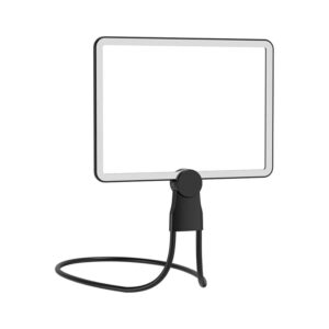 RBP magnifier sheet with bendable holder – Fresnel lens with rechargeable LED lighting switched on, holder shaped as a stand for both hands free