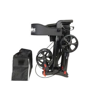 The rollator from behind at an angle, showing the back strap and frame