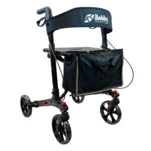 Mobilex Black Panther Compact rollator in black seen at an angle from the front with seat, back strap and front bag