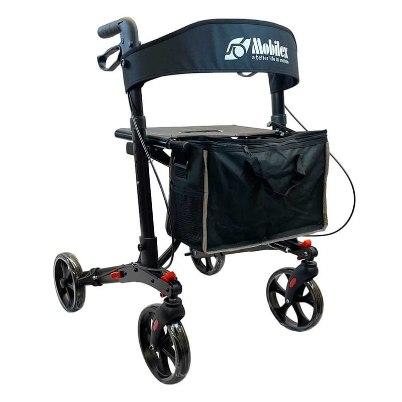 Mobilex Black Panther Compact – the whole rollator Mobilex Black Panther Compact rollator in black seen at an angle from the front with seat, back strap and front bag