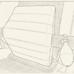 Illustration of the cushion strapped to a car seat with the pump hanging at the side