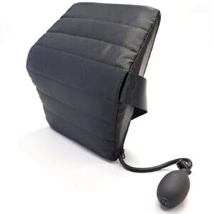 Scanergo inflatable back cushion CarRest in black quilted fabric with strap and black hand pump