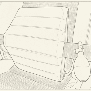 Illustration of the cushion strapped to a car seat with the pump hanging at the side