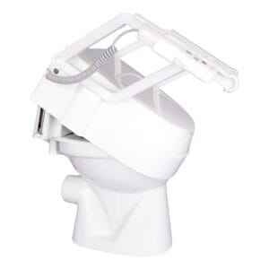 Drive eTSE toilet stand-up aid with tilted seat, armrests and remote control fitted on a white toilet