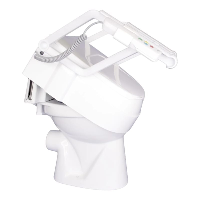 Drive eTSE toilet stand-up aid with tilted seat, armrests and remote control fitted on a white toilet