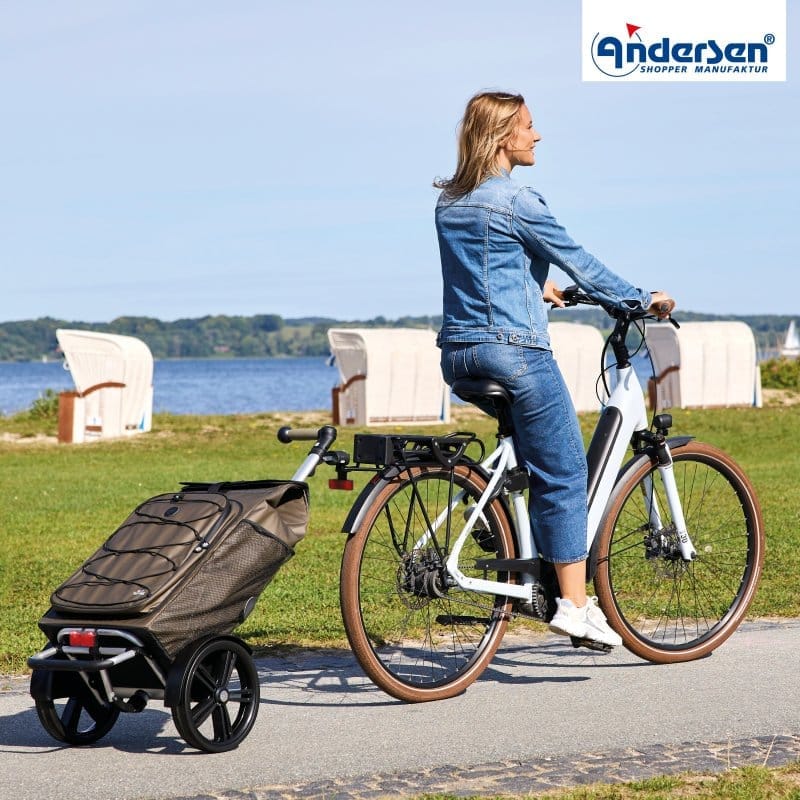 Woman on a white e-bike pulling a brown shopping trolley along a seaside promenade