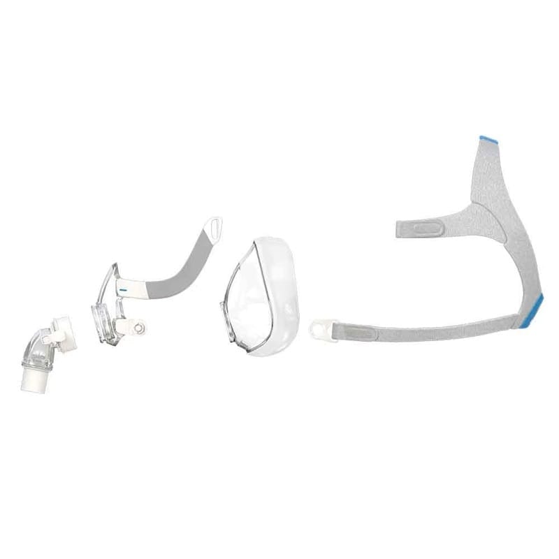 The mask taken apart into four parts: elbow, frame, cushion and headgear