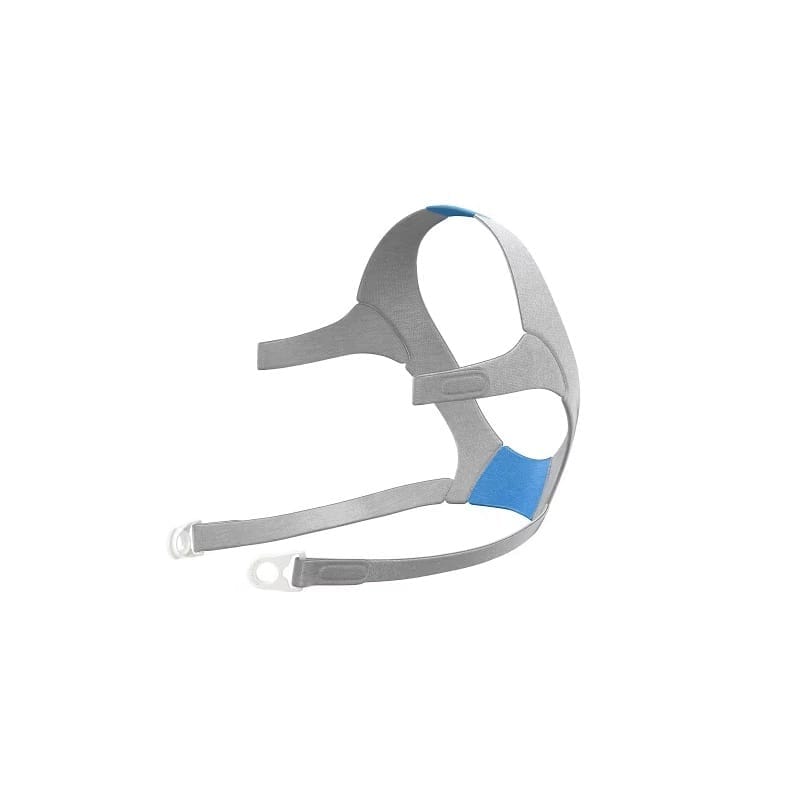 ResMed AirFit F20 headgear non-magnetic AirFit F20 non-magnetic headgear – grey fabric strap with blue padding and loops instead of magnetic clips