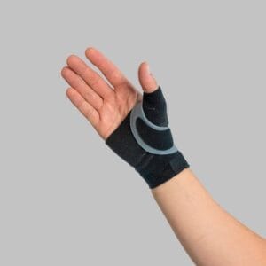 Palm facing up with the brace on, the strap forming an arc around the thumb base