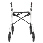 The white model from behind White rollator from behind with seat and folding cross brace