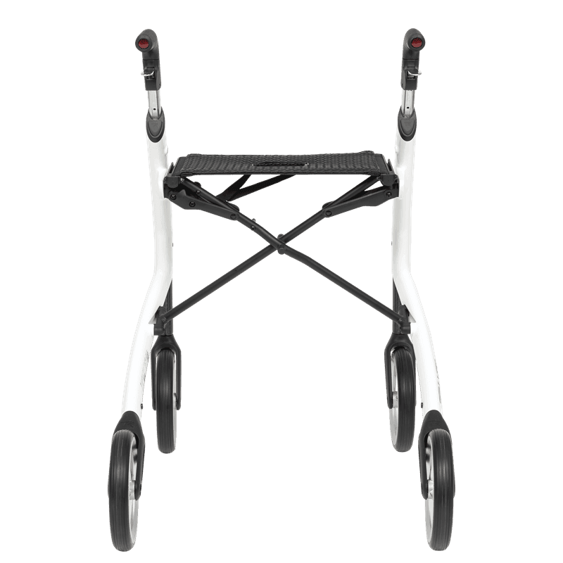 White rollator from behind with seat and folding cross brace