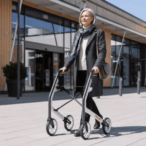 Woman walking with the white rollator outside a shopping centre