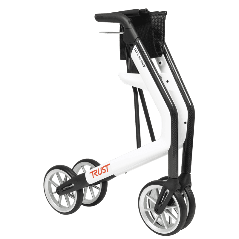 White rollator from the front at an angle with a black bag on the handle