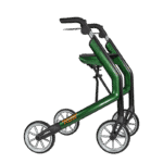 Lets Be Free carbon fibre rollator in green Lets Be Free carbon fibre rollator in green seen from the side, a folding rollator with seat