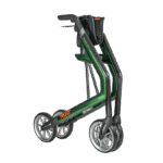 Green model with bag The green rollator from the front at an angle with a black bag on the handle