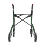 The green model from behind Green rollator from behind with the folding cross brace and the seat strap
