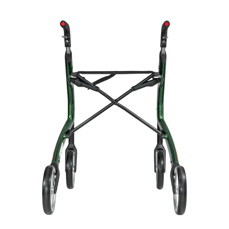 Green rollator from behind with the folding cross brace and the seat strap