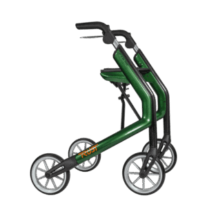 Lets Be Free carbon fibre rollator in green seen from the side, a folding rollator with seat