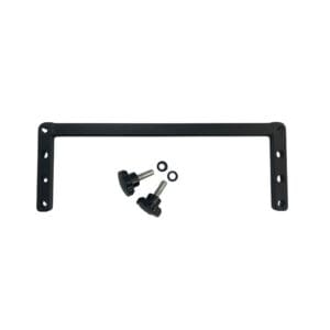 Black U-shaped bar with three holes per leg, two star knobs and washers