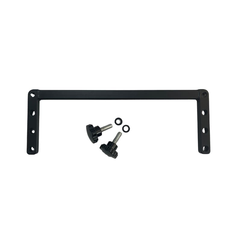 Black U-shaped bar with three holes per leg, two star knobs and washers