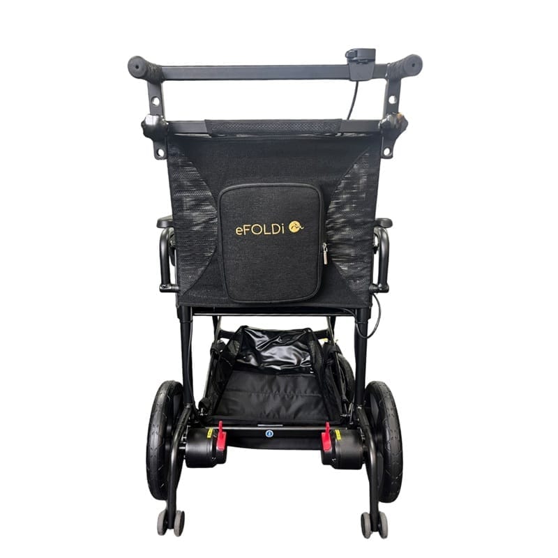 Folded-out electric wheelchair seen from behind with the raised push bar fitted