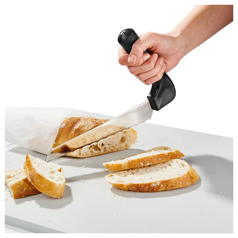 Adapted bread knife for easier food handling Ergonomic bread knife with grip-friendly handle